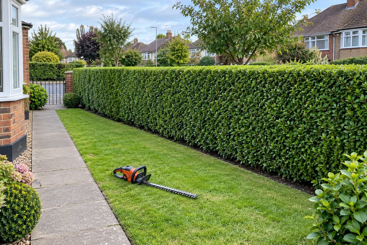 Sharply trimmed privet hedge beside a garden path