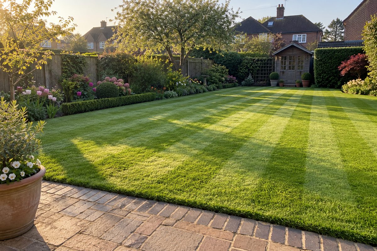Freshly mown back lawn with crisp mowing stripes
