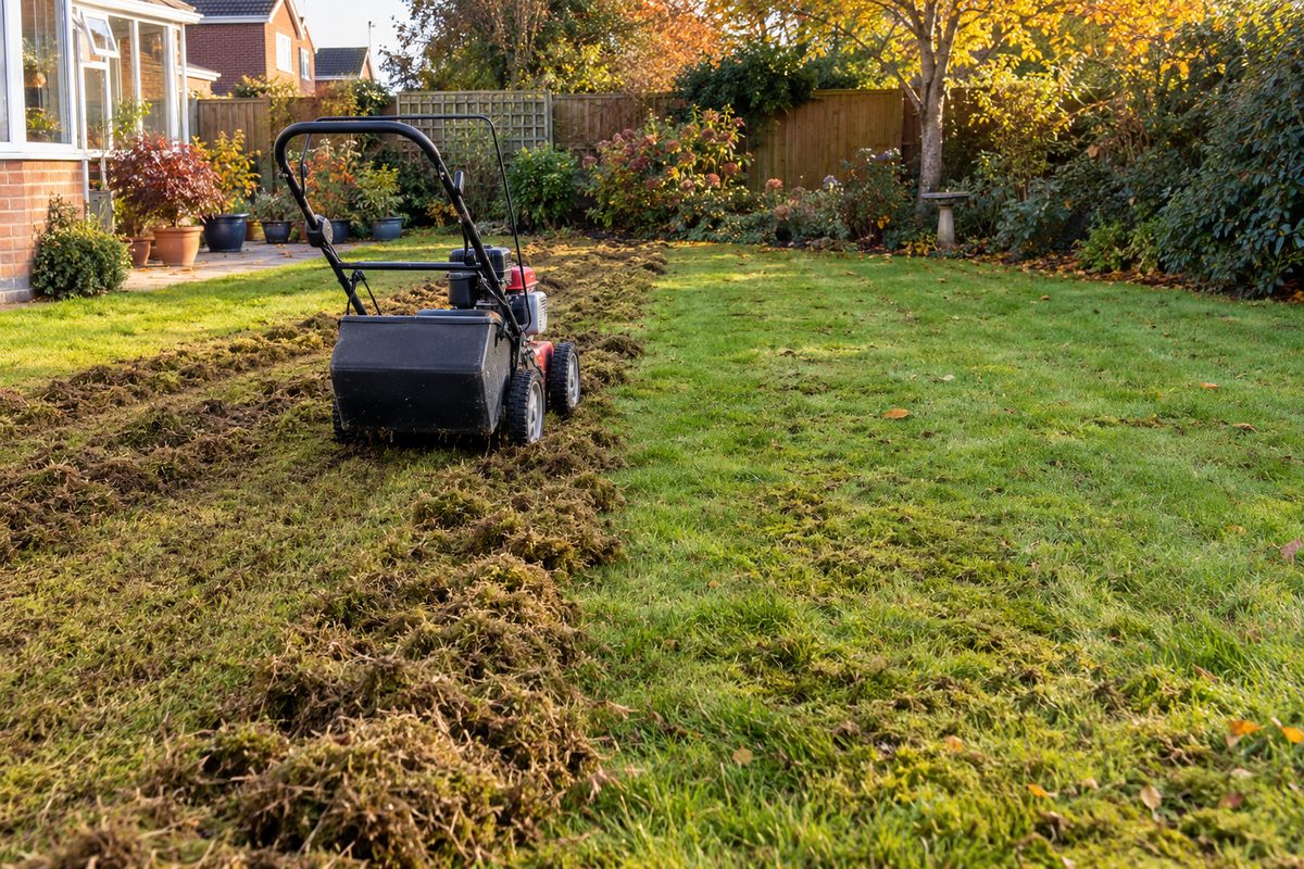 Scarifier lifting moss and thatch from an autumn lawn