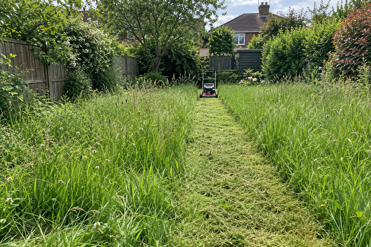 Overgrown lawn with a first cut strip being brought back in stages