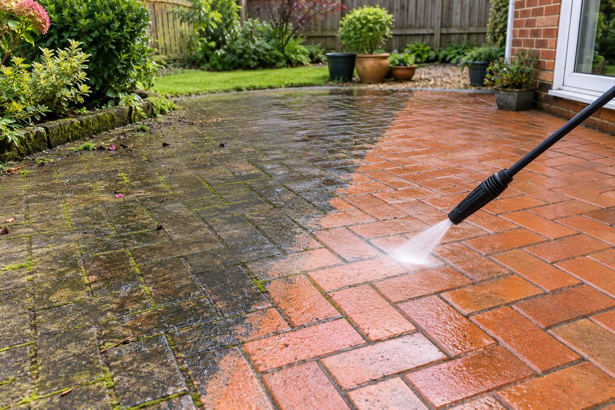 Brick patio half cleaned by pressure washing
