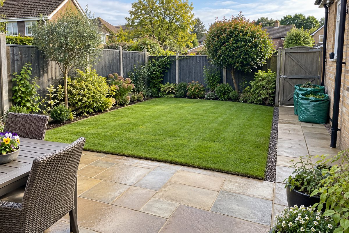 Tidy back garden with swept patio and bagged garden waste