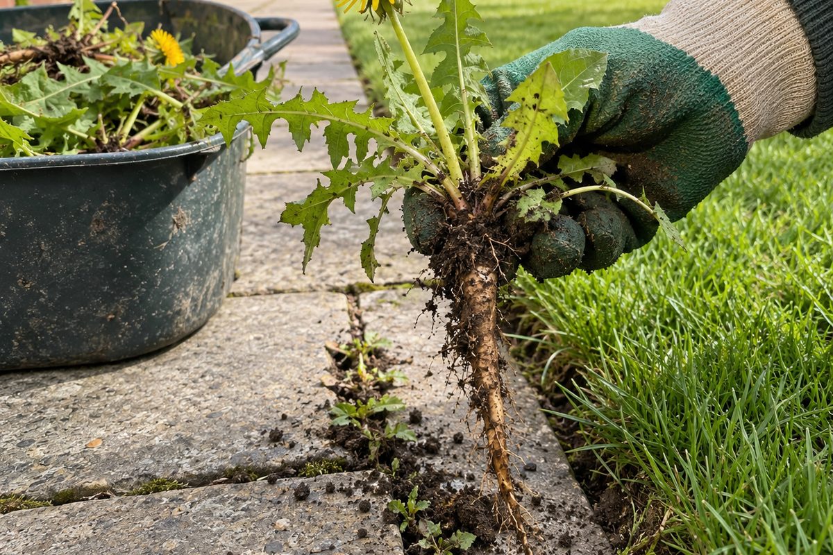 Gloved hand pulling a dandelion by the root from a paved edge